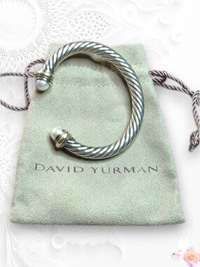 David Yurman Cable Cuff Bracelet Sterling Silver Pearl Classic Designer +Pouch